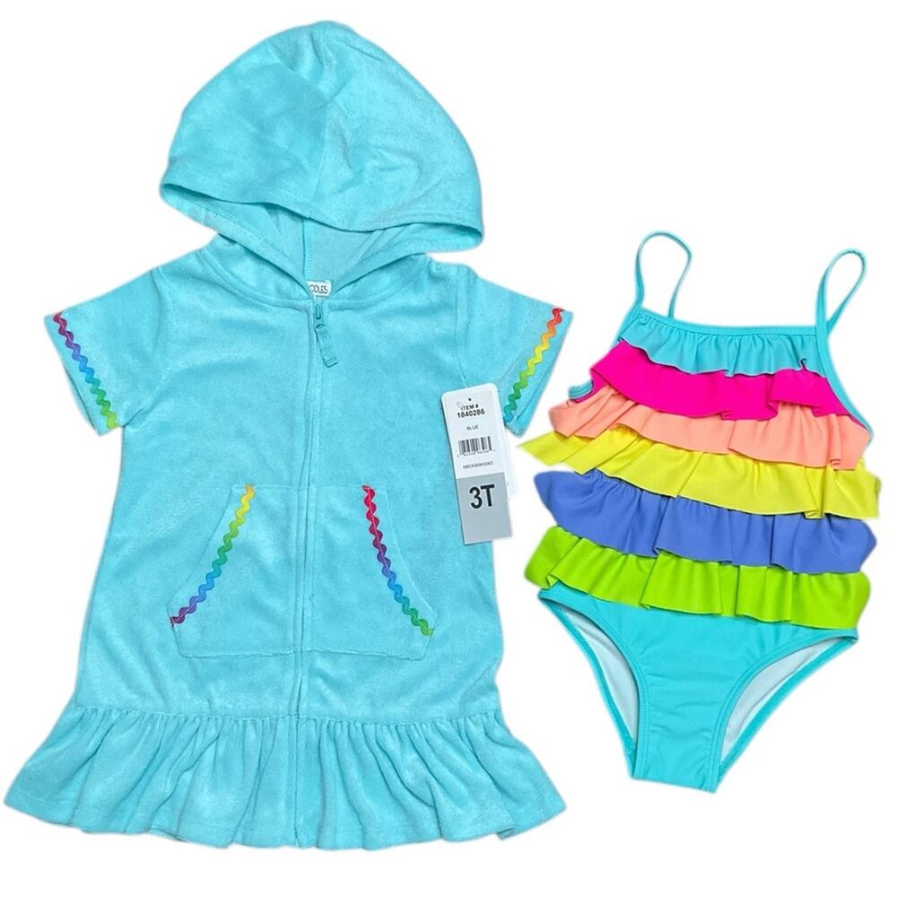 Flapdoodles Girls Aqua and Lime Swimsuit Set Cover up Size 3T NWT